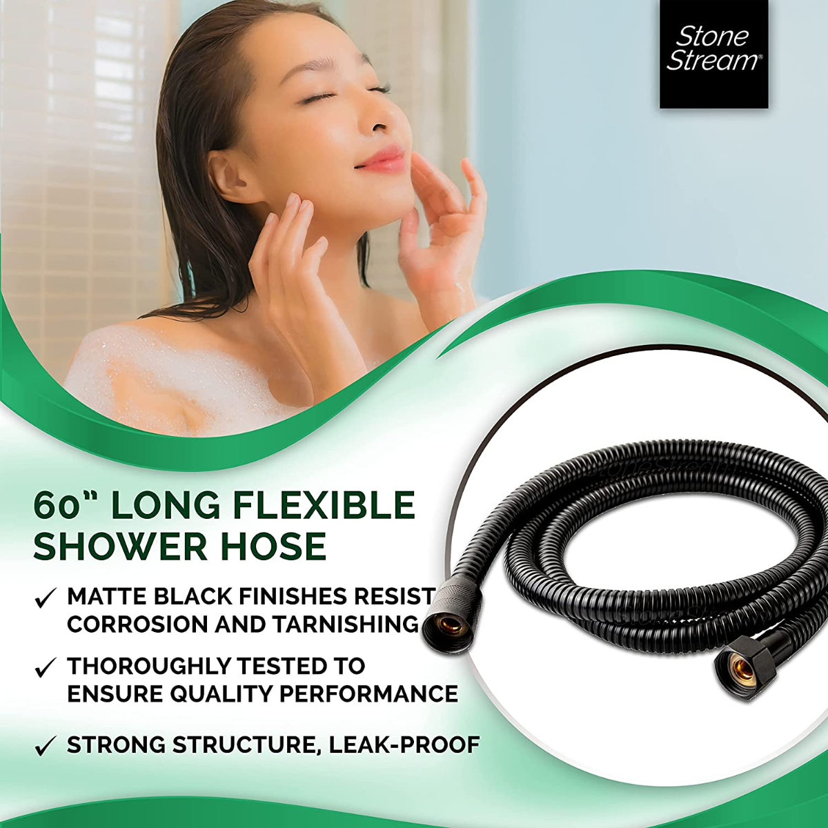 Pommeau de douche à main avec tuyau de douche de 1,5 m - Noir mat