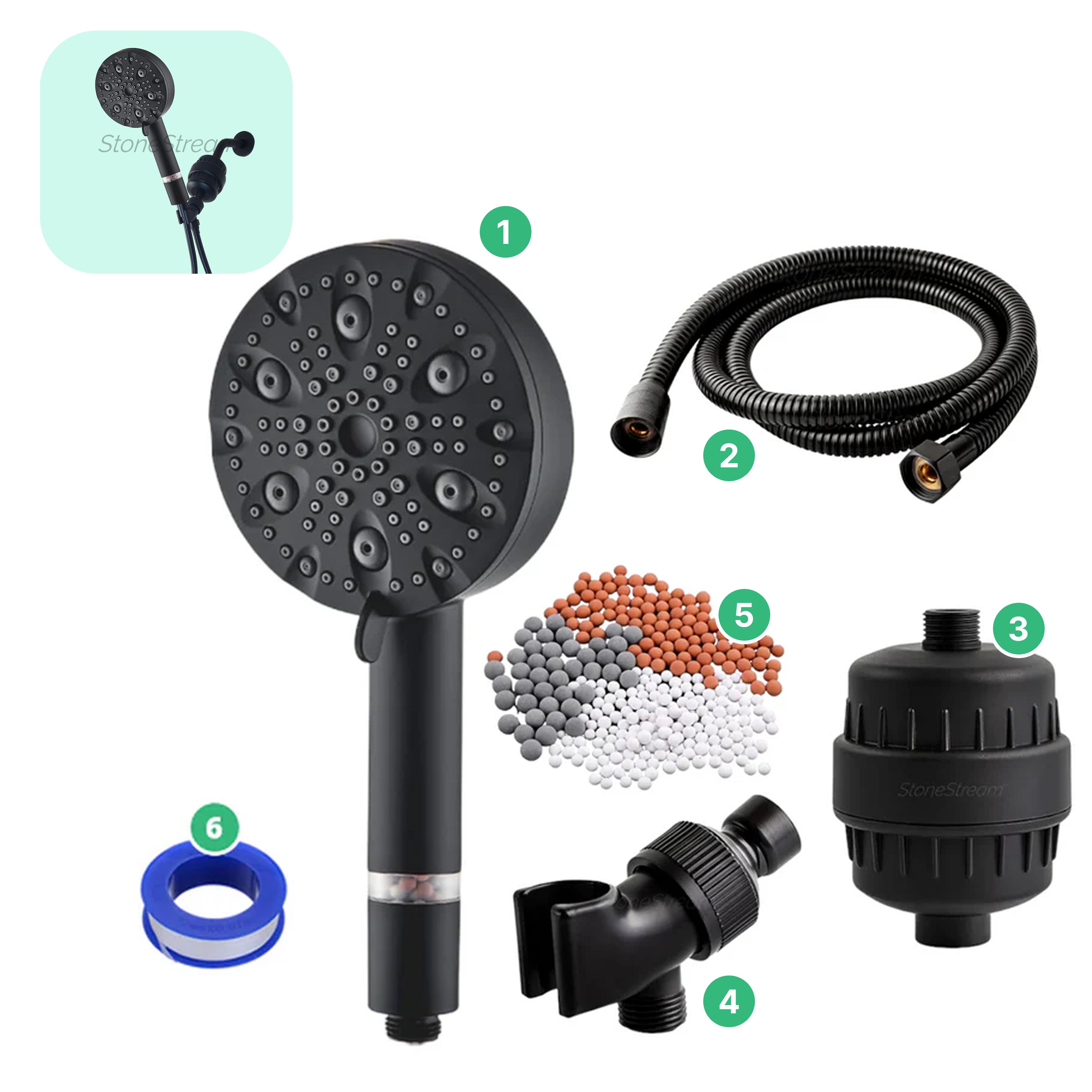 Pommeau de Douche de Luxe Noir 9 Modes avec Kit de Filtration Anti-Calcaire