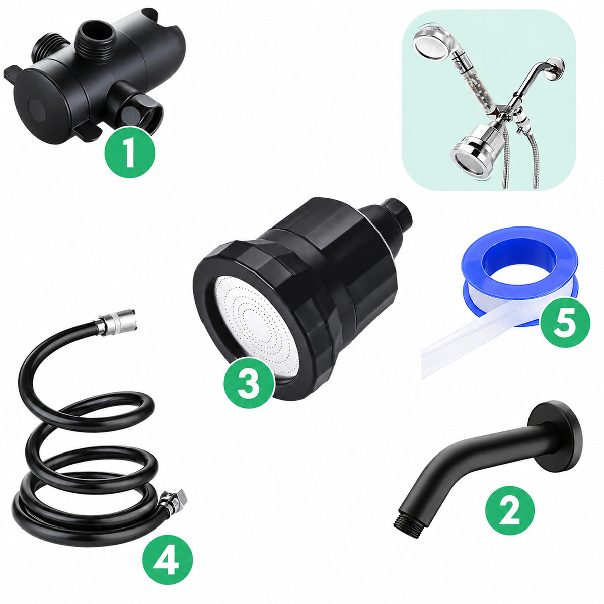 Wand-Installationsset mit Duschfilter – Schwarz